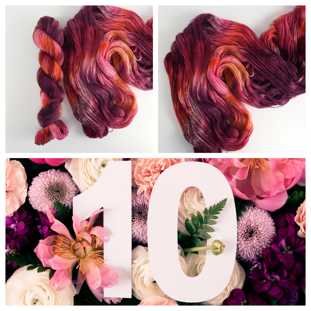 A collage with two close-up photos of yarn and a decorative floral number. The top images show a skein of yarn and its unraveled strands, featuring a mix of rich magenta, orange and plum tones. The bottom image is a "10" made of white material, set against a background of lush, colorful flowers in shades of pink, cream, and deep purple.