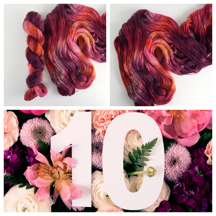 A collage with two close-up photos of yarn and a decorative floral number. The top images show a skein of yarn and its unraveled strands, featuring a mix of rich magenta, orange and plum tones. The bottom image is a "10" made of white material, set against a background of lush, colorful flowers in shades of pink, cream, and deep purple.