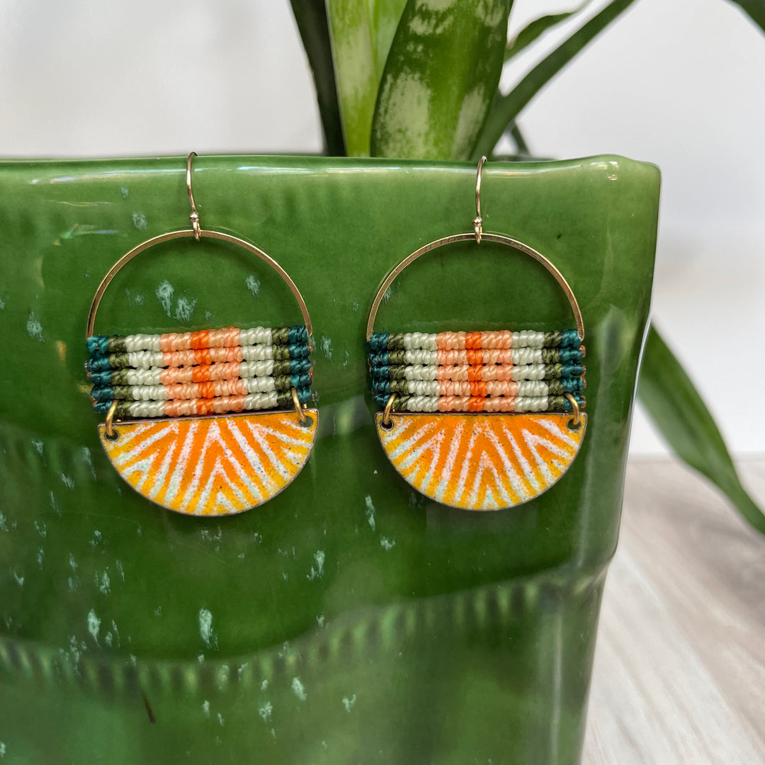 Macrame and enamel earrings in teal, aqua and orange.