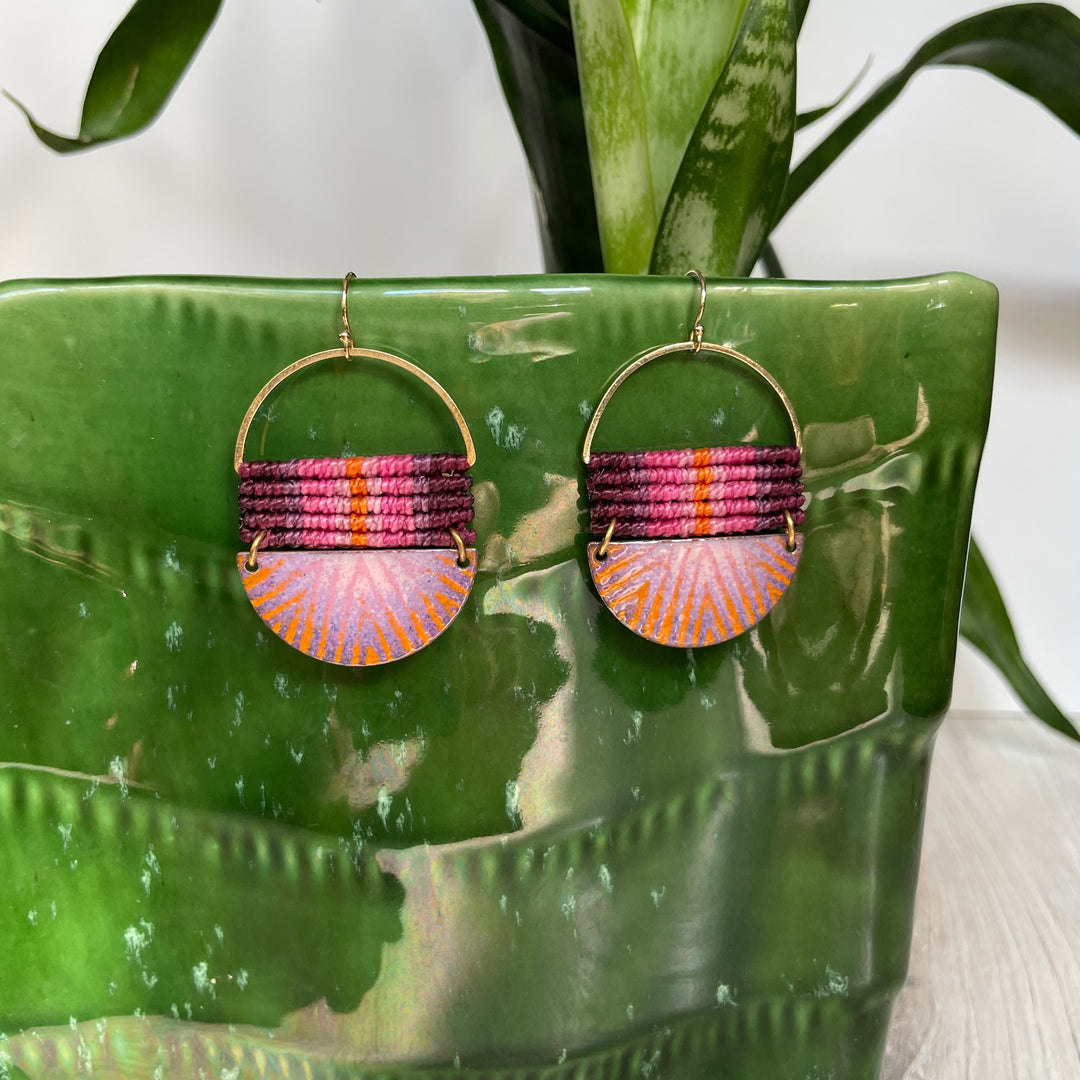 Macrame and enamel earrings in purple, pink and orange.