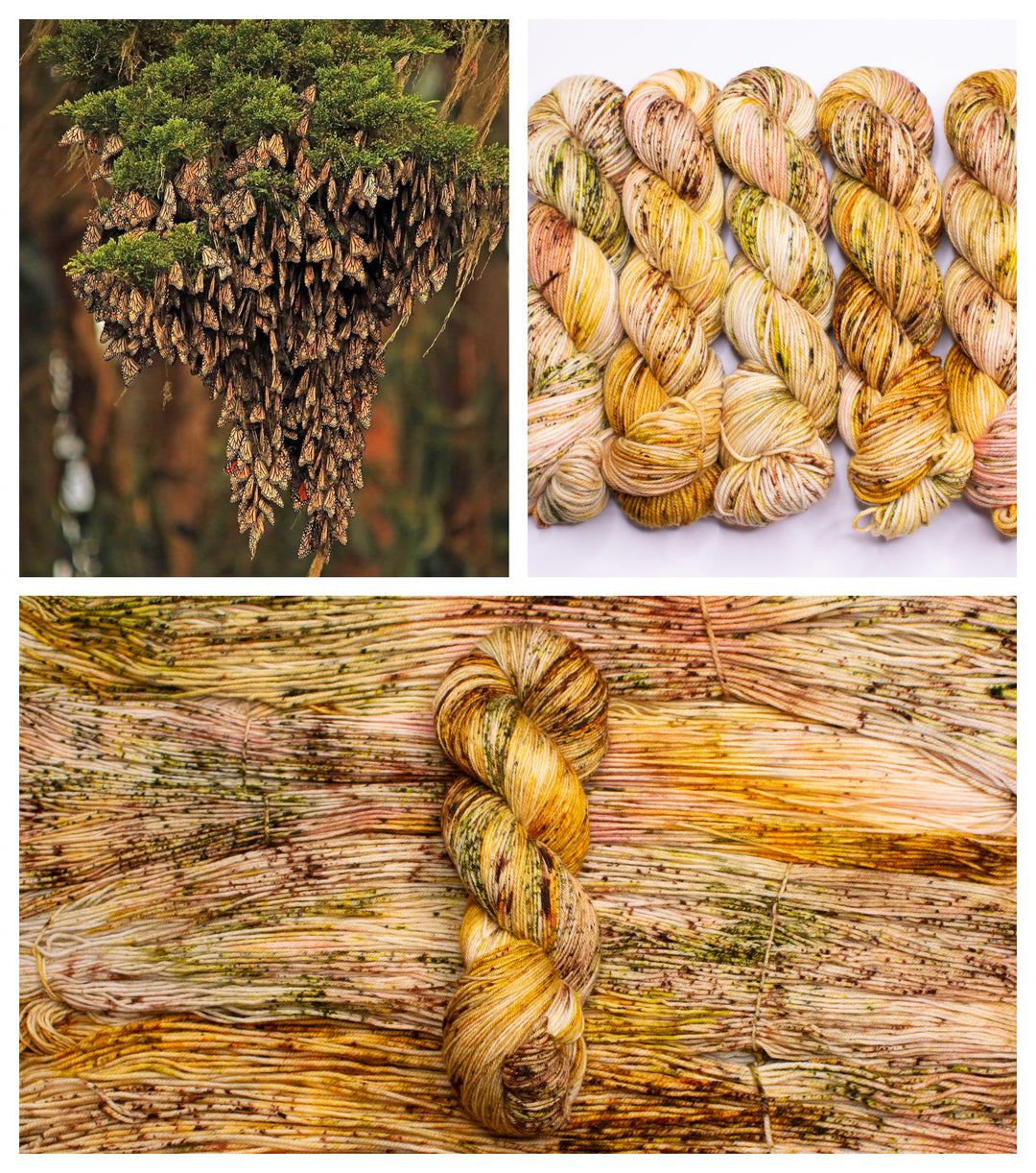 A chandelier-shaped cluster of orange and black butterflies and skeins of yarn in orange, green, brown and gold speckles.