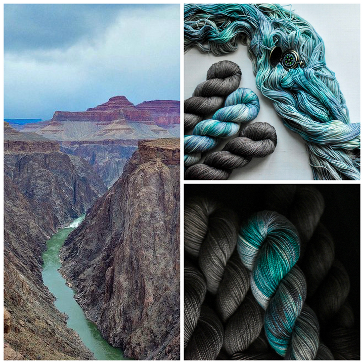 The Grand Canyon with gray, aqua and red, with yarn in aqua and gray.