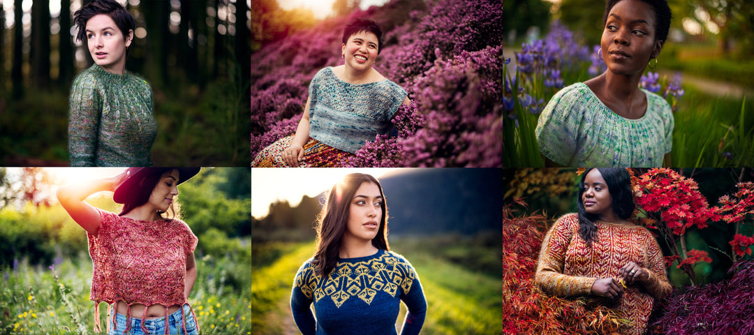 A collage of people in colorful sweaters.