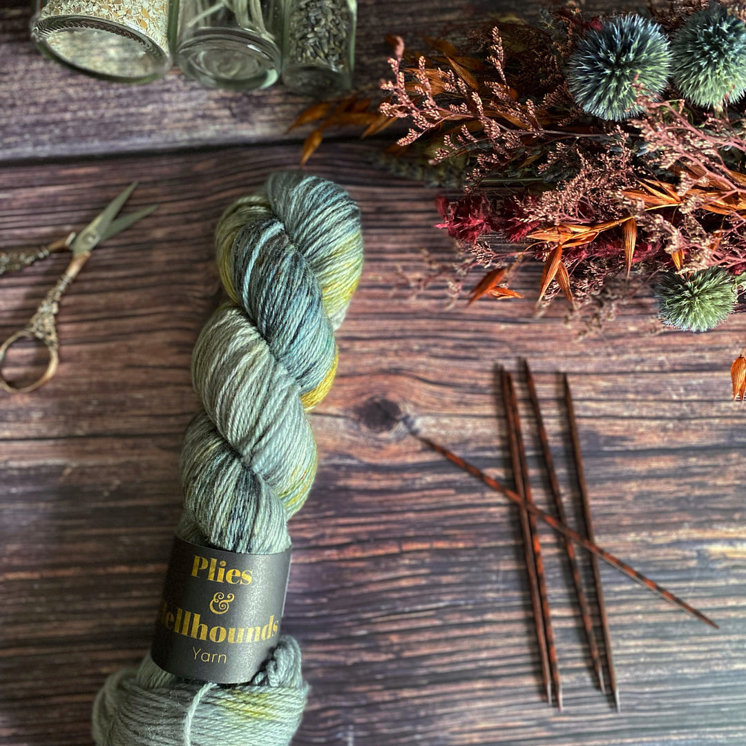 Blue and gold speckled yarn.