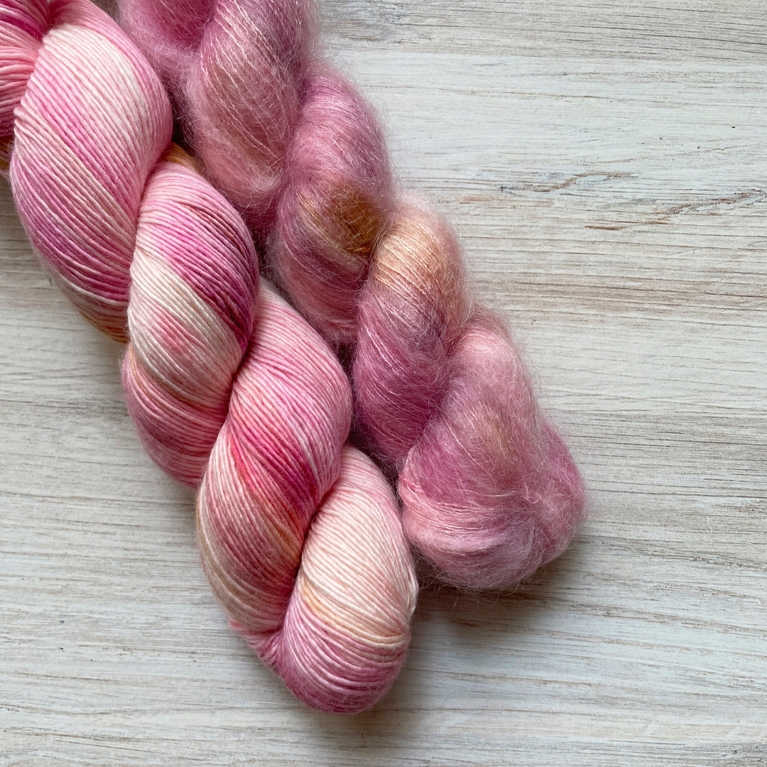 Pink speckled yarn.