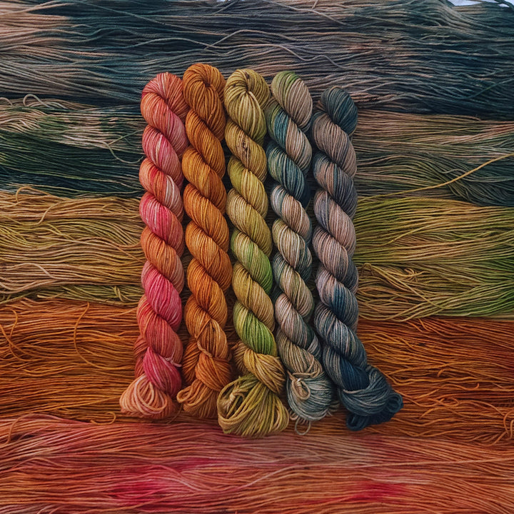 Five mini skeins of hand-dyed yarn in colors that range from shades of pink, orange, and yellow to green and blue, with subtle variegations.