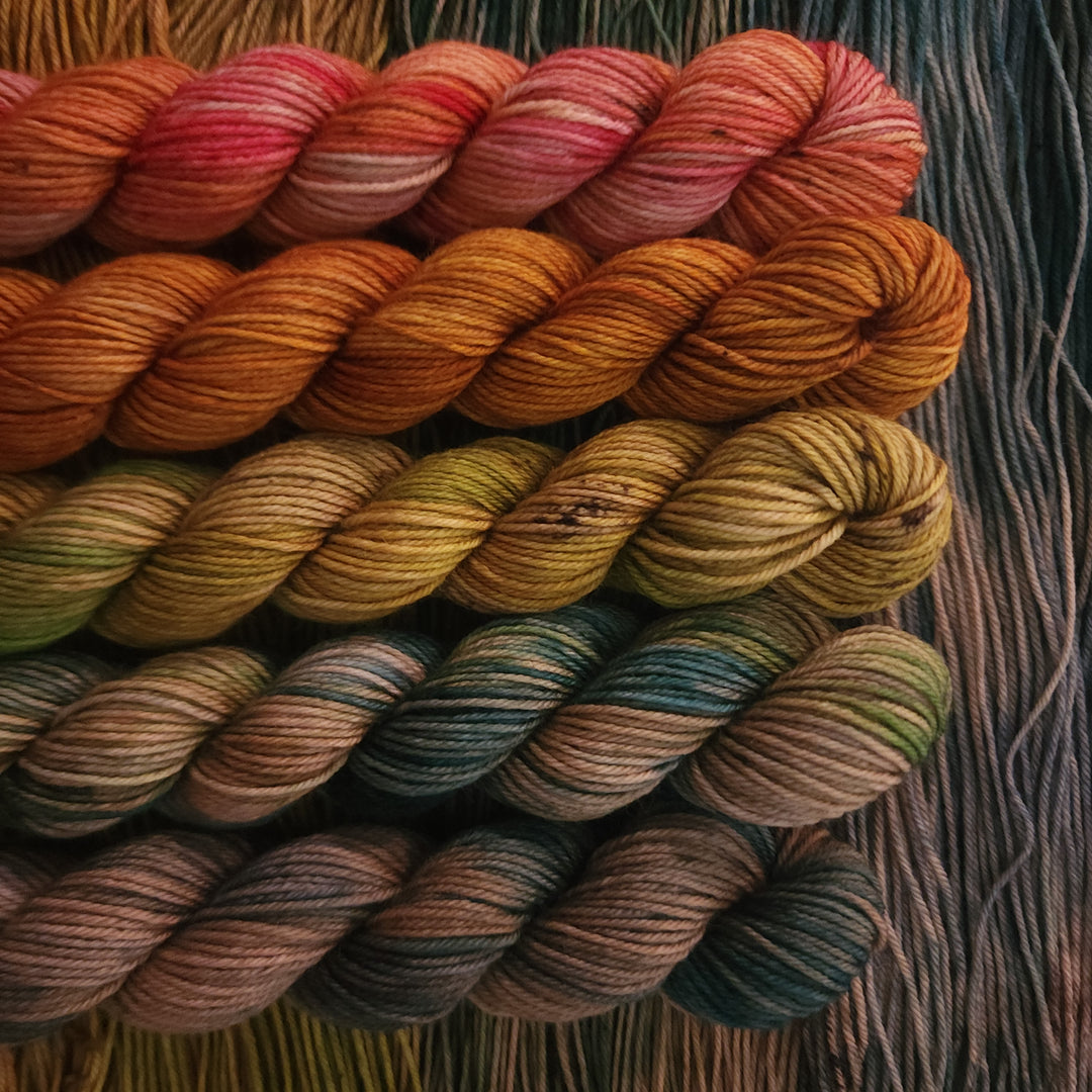 Five mini skeins of hand-dyed yarn in colors that range from shades of pink, orange, and yellow to green and blue, with subtle variegations.