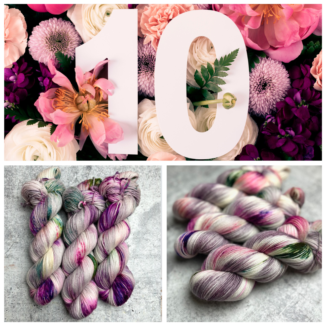 A large number "10" overlaid on a background of various flowers, including peonies, roses, and dahlias in shades of pink, purple, and white. The bottom left section shows three skeins of hand-dyed yarn with a mix of colors including purples, greens, and pinks against a gray background.