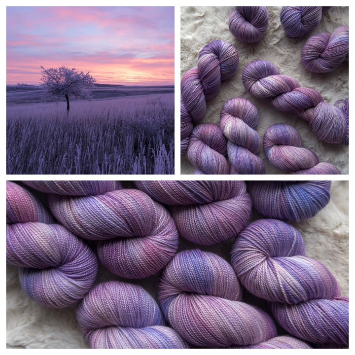 A purple and pink sunrise over an icy prairie and purple and pink hand-dyed yarn.