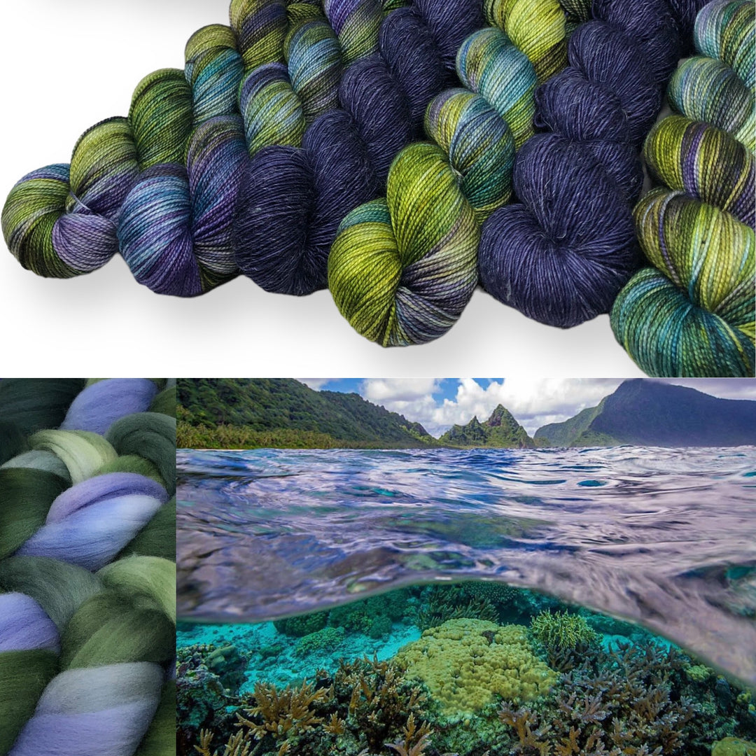 Skeins of hand-dyed yarn in various shades of green, blue, and purple and a close-up of braided fiber in similar colors. An underwater view showing coral and marine life and an above-water view capturing the landscape of an island with lush green mountains and a clear sky.