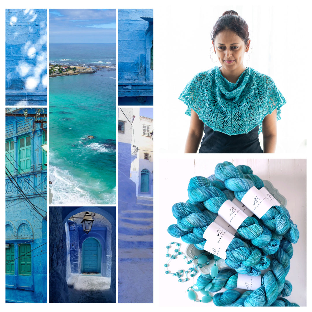 A collage of blue images, a brown-skinned woman wearing a blue-green lace shawl and a pile of blue-green yarn. 