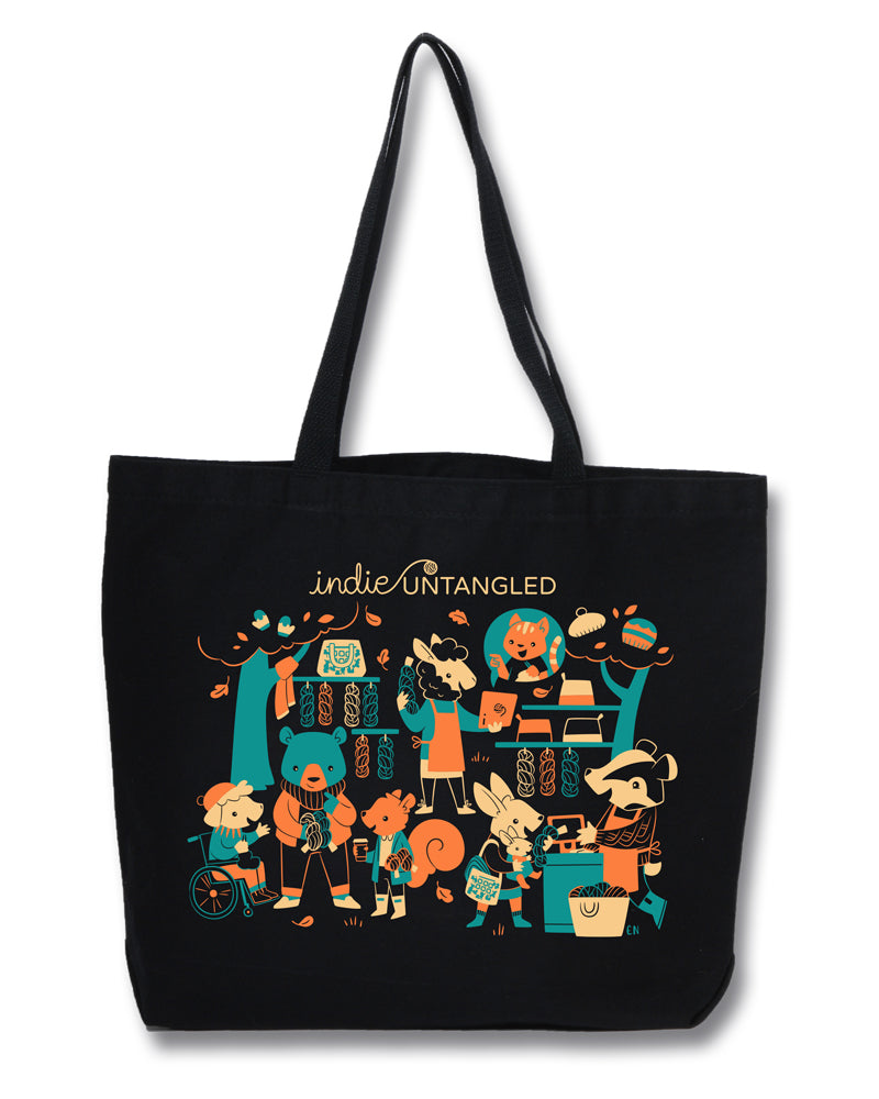 A black tote bag with a teal, orange and beige illustration of animals at a yarn show.
