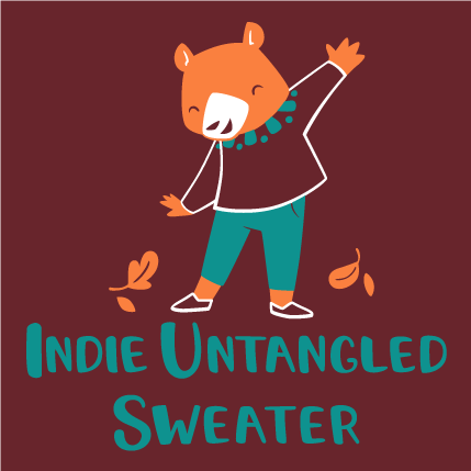 An orange bear wearing a sweater and the words Indie Untangled Sweater in teal on a maroon background.