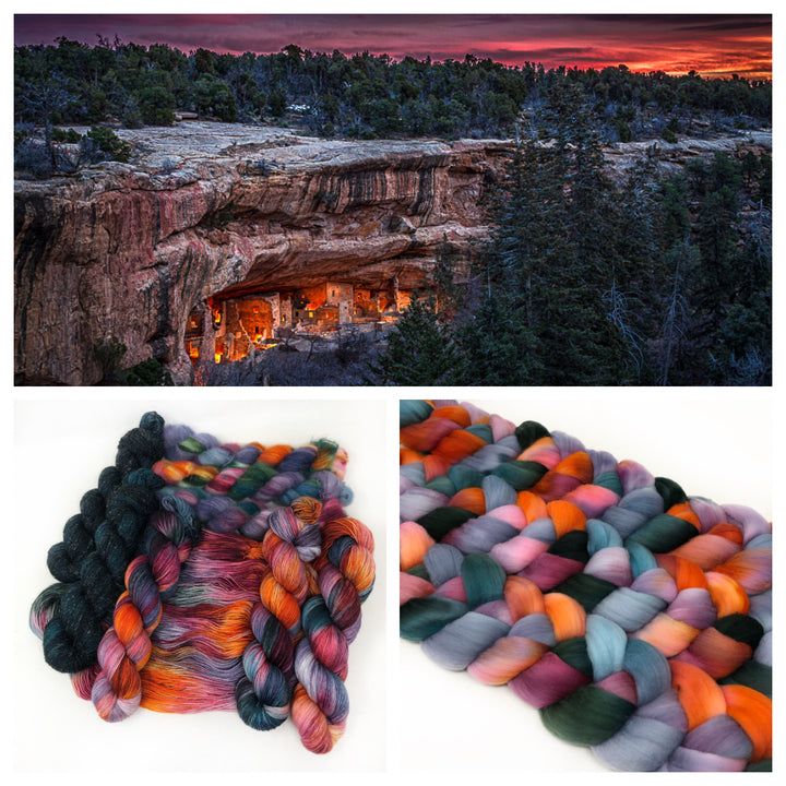 Lit caves under a purple sky and purple, orange and green yarn. 