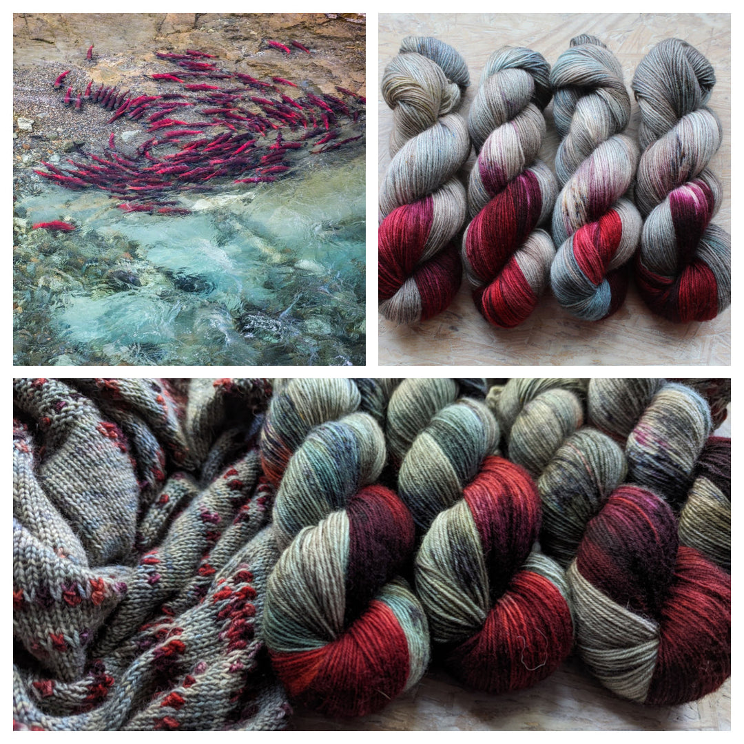 Red fish swimming in a circle and gray-blue yarn and knitting with bands of red and purple.