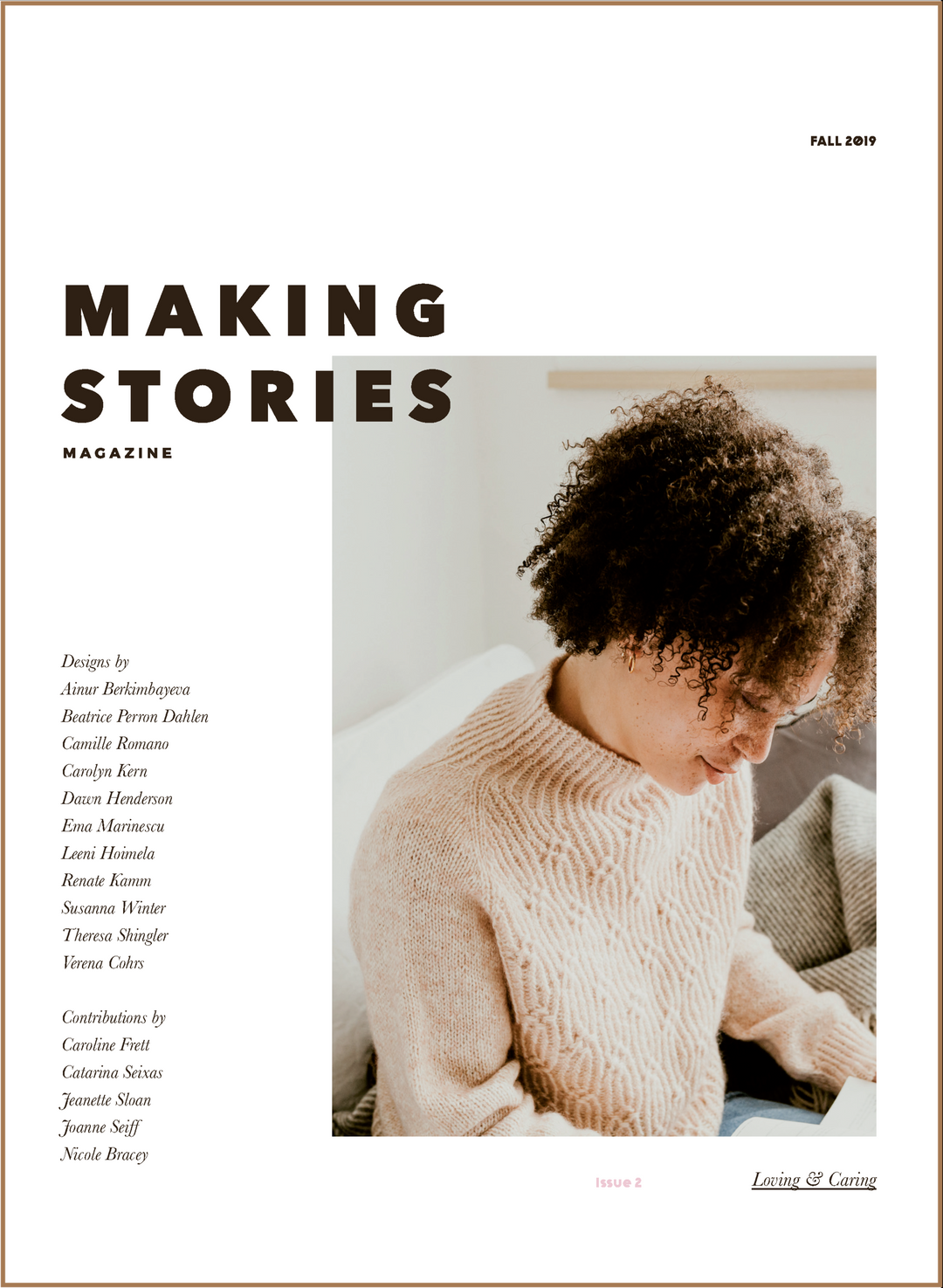 The cover of Making Stories magazine, featuring a brown-skinned woman with brown curly hair wearing a cream sweater.