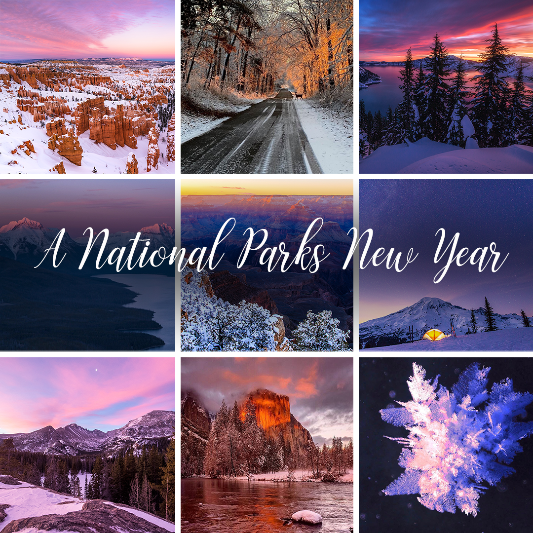 A collage of photos of national parks in winter in oranges, purples and blues and the text A National Parks New Year.