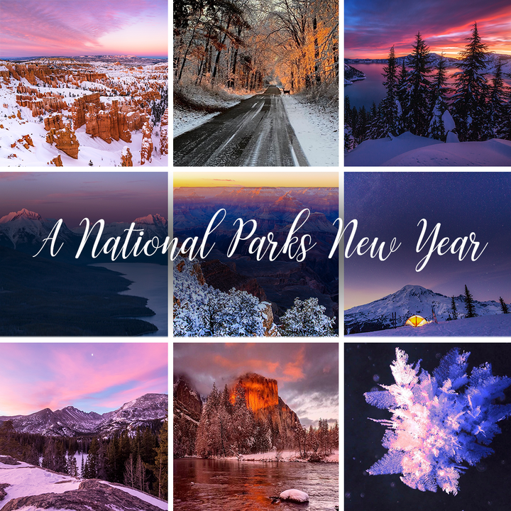 A collage of photos of national parks in winter in oranges, purples and blues and the text A National Parks New Year.