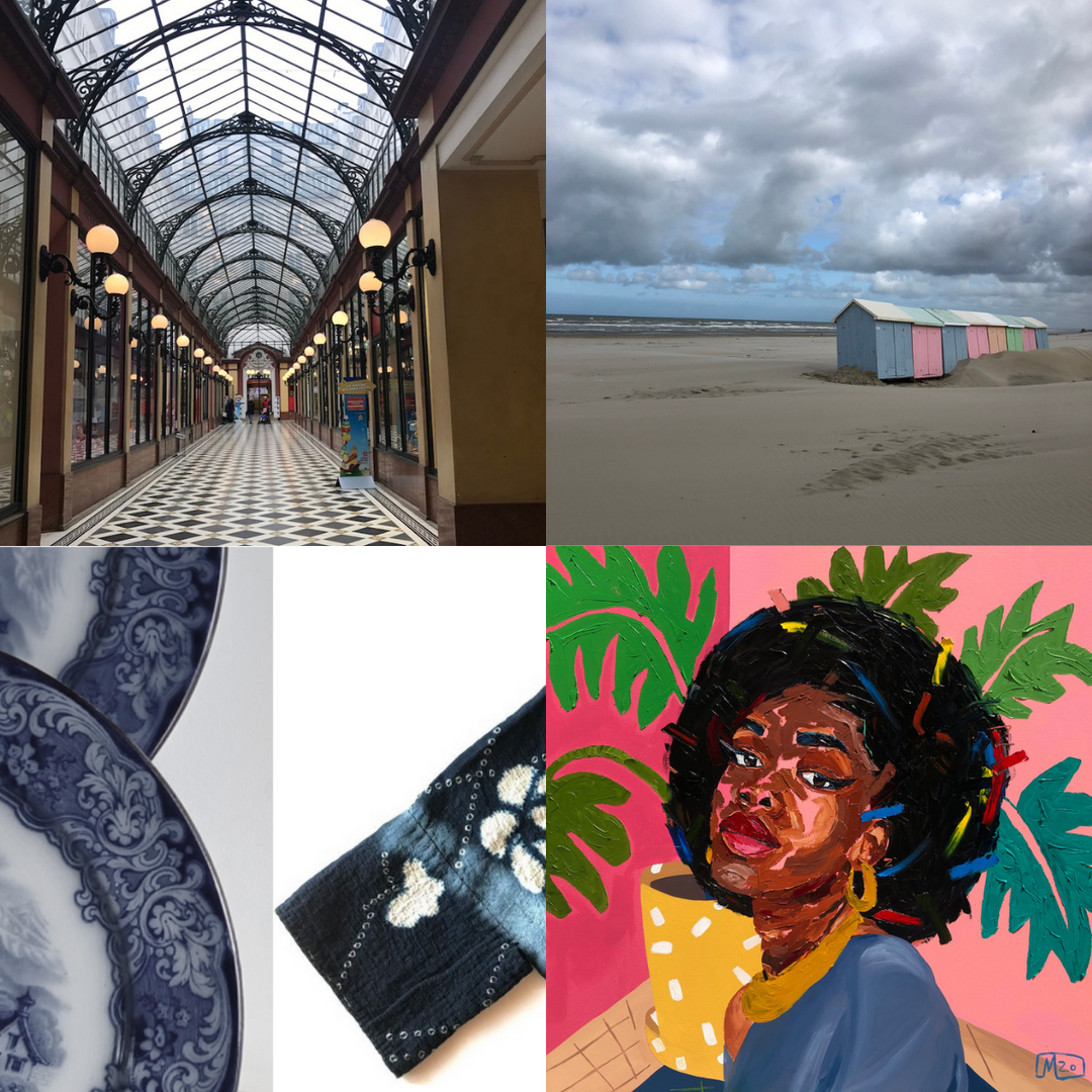 An image collage featuring a photograph of a skylit hallway with a checkered floor; a row of pastel cabins on a beach; a painting of a Black woman posing in front of a bright green plant in a yellow pot; an indigo-dyed garment next to the sides of Delft blue plates.