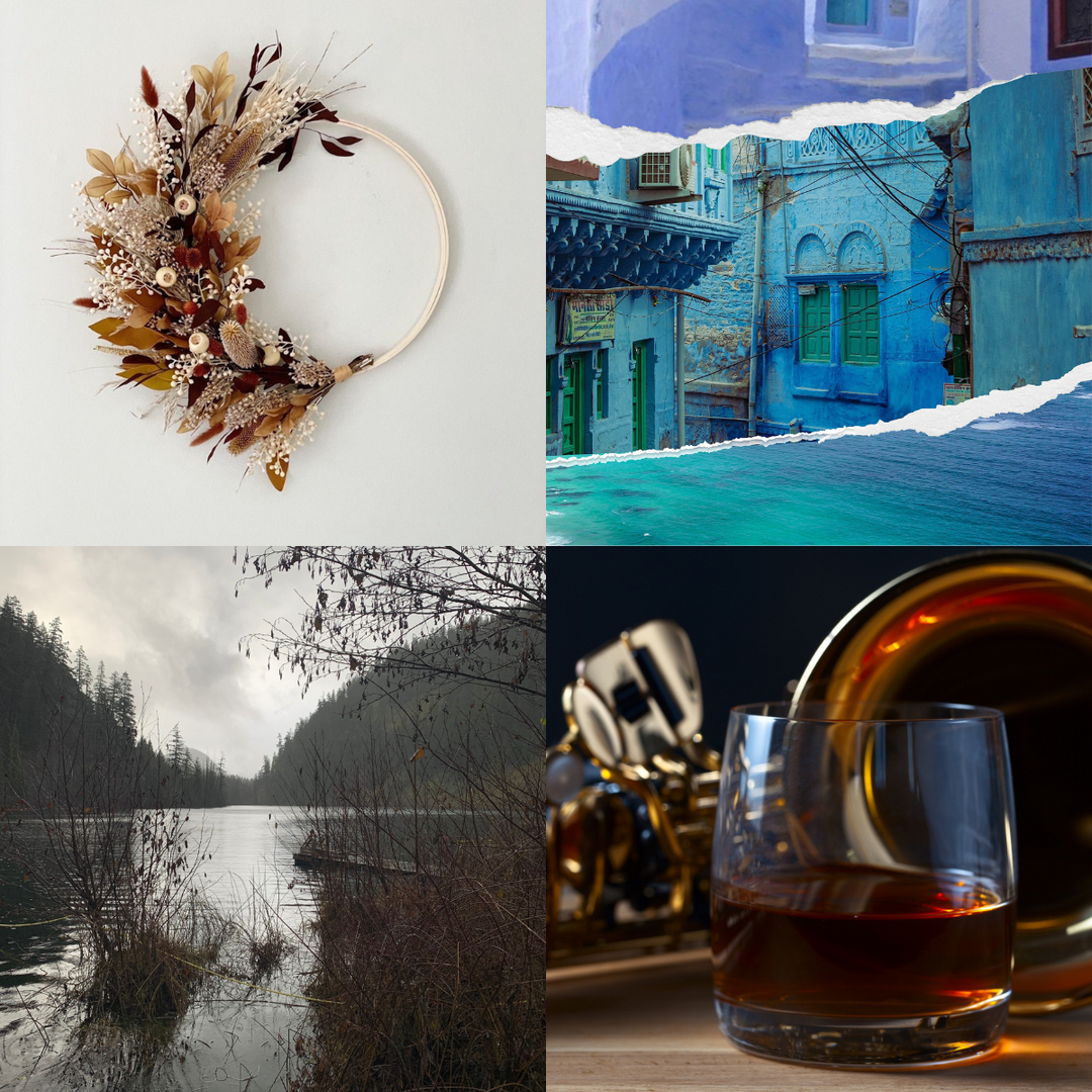 A collage with a wreath of brown, orange and cream flora; blue buildings and a sea; a saxophone and a glass of whiskey and a moody lake.