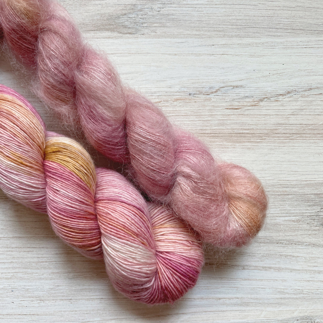 Pink and gold speckled yarn.