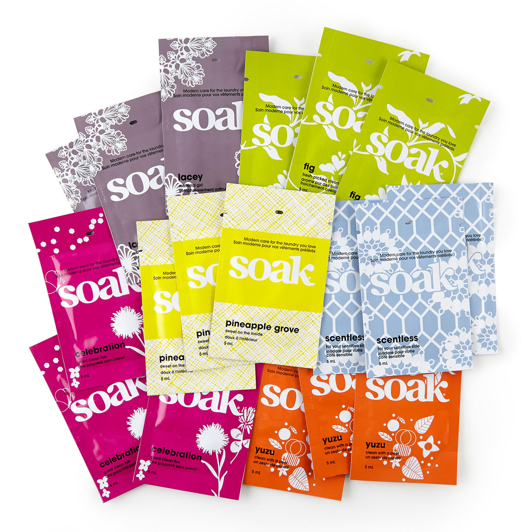 Colorful packets of Soak laundry soap.