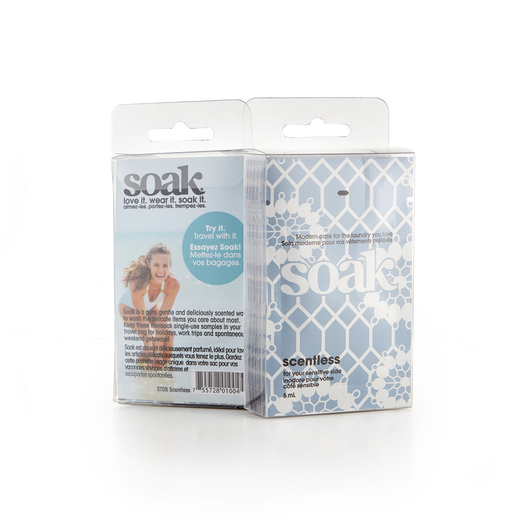 Clear boxes of unscented Soak laundry soap.
